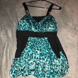Sleeveless turquoise and gold leopard print blouse